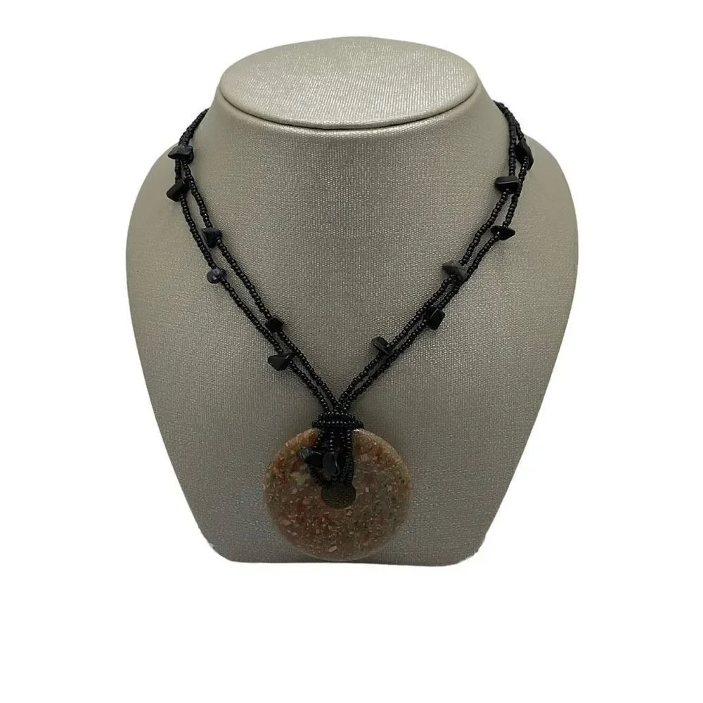 Unakite Necklace Green Tan Pink Natural Stone Donut Pendant Black Beaded Chain